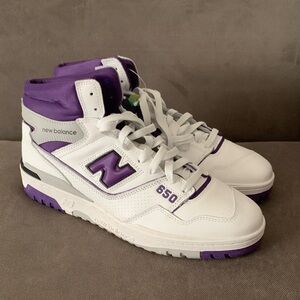 New Balance 650 High-Top White and Purple Retro Sneakers